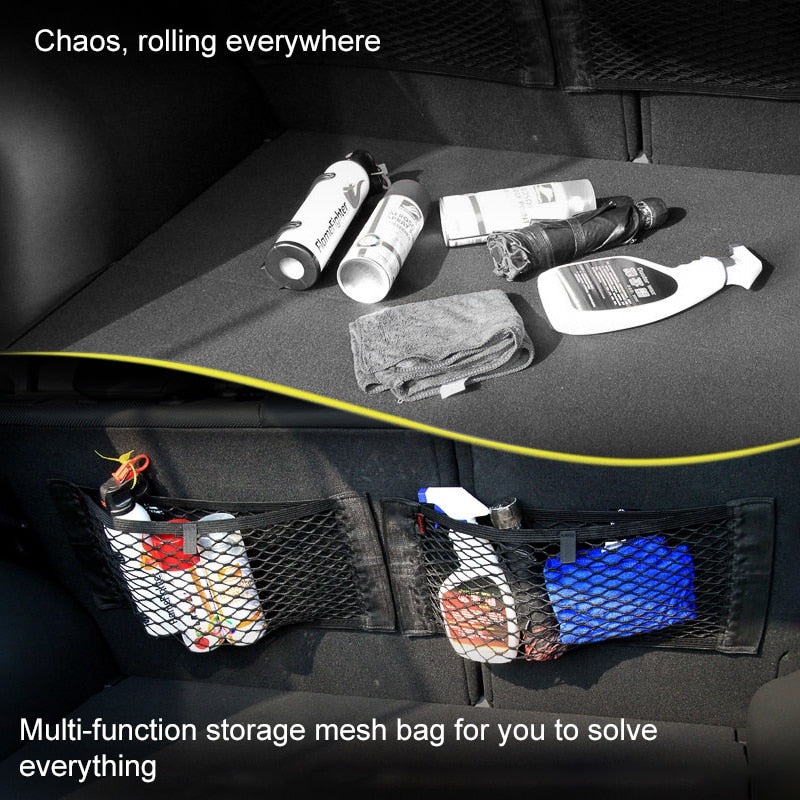 Universal car storage organizer with elastic mesh